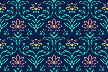 Seamless neon floral pattern with colorful line art on dark background