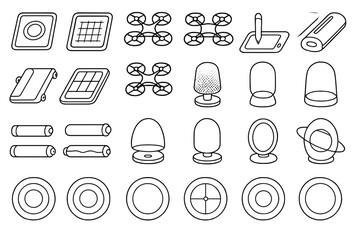 Set of futuristic tech icons featuring drones, gadgets, and control pods