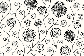 Seamless floral spiral pattern in black and white line art