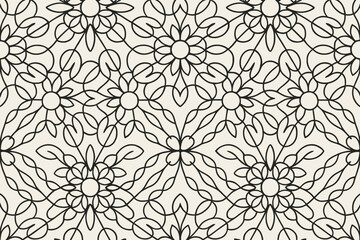Black and white floral pattern with symmetrical designs and loops.