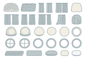 Set of vector icons featuring abstract shapes, including curtains, waves, circular and oval elements, and grid-like structures.