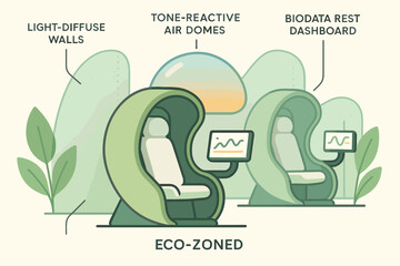 Illustration of eco-friendly work pods with tone-reactive air domes and biodata dashboards.