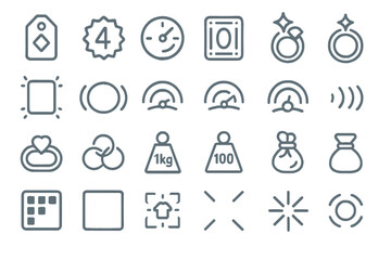 Outlined sci-fi interface icons with rings, gauges, and bags
