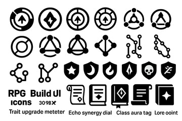Set of RPG user interface icons for trait upgrades, synergy dials, and class abilities.