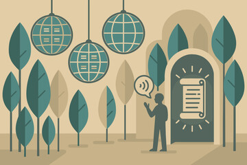 Illustration of a person interacting with a communication portal surrounded by abstract leaves and floating globes.