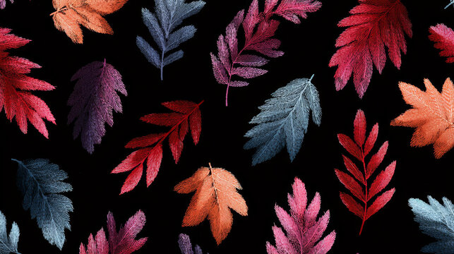 Gouache leaf patterns imprinted by hand using frottage technique, suitable for autumn-themed backdrops and decorative design