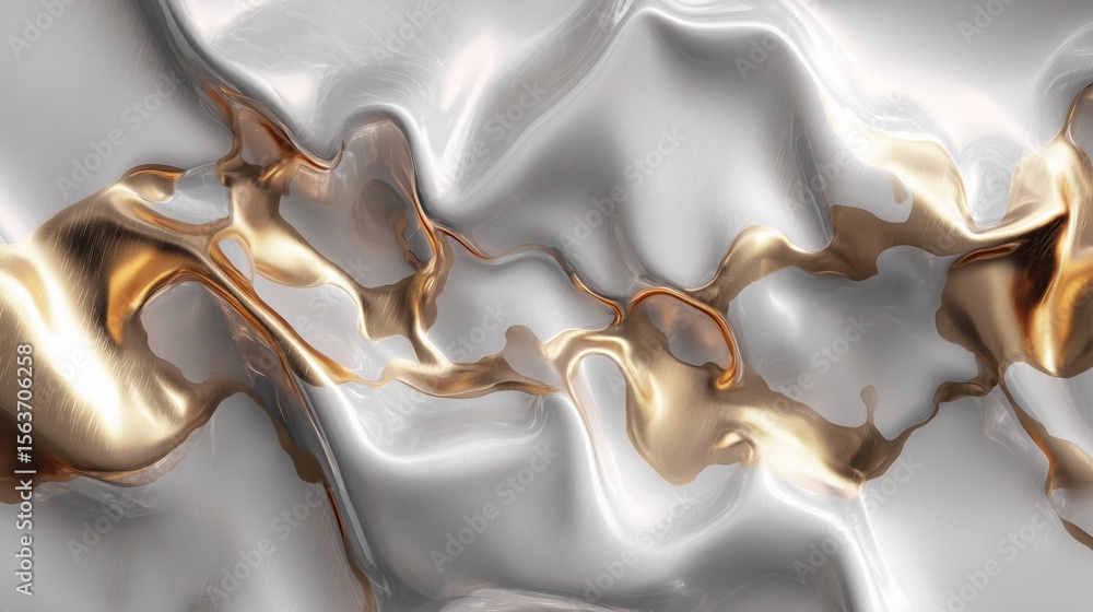 Poster abstract metallic texture with flowing silver and gold patterns, creating a luxurious and elegant vi