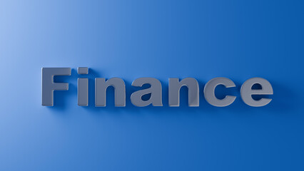 Fototapeta premium Text finance in gray 3D letters casts shadows on a blue background. Concept of creativity in financial design and marketing.