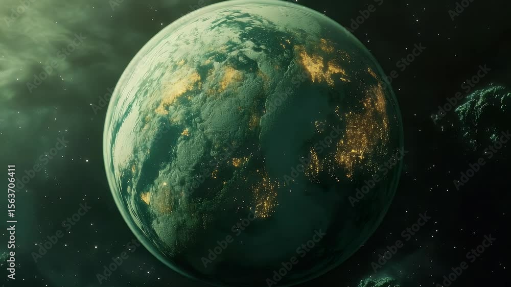 Aufkleber a stylized digital planet view illuminated by city lights against a dark nebula background with arti
