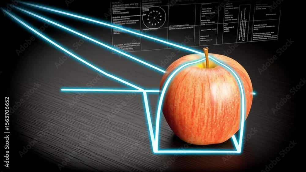 Poster futuristic red apple with light beam effect on a dark background for modern digital design concepts