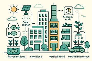 Illustration of a sustainable city block with vertical micro towers and eco-friendly features.