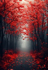 A forest path strewn with red leaves falling from the trees.