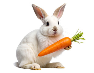White Bunny Eating Carrot in Sitting Pose, Transparent PNG