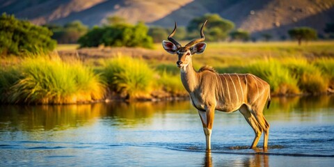 Majestic Antelope in Golden Hour Tranquility, Standing Gracefully in a Serene River