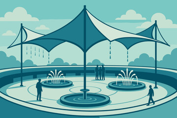 Modern rooftop plaza with shade sails and decorative fountains