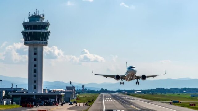Airport control tower landing jet