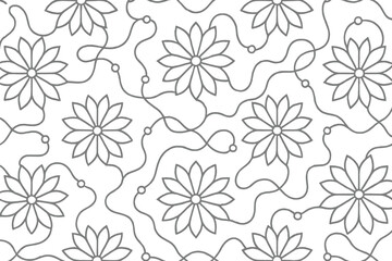 Obraz premium Seamless floral line pattern with winding stems on beige background