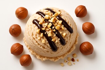 Hazelnut ice cream with chocolate drizzle, isolated on white background