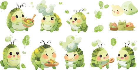 Obraz premium Cute Cartoon Caterpillars Cooking and Eating Salad Vector Illustration for Kids and Food Related Designs
