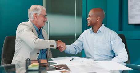 Smile, business men and handshake in office for hiring, contract deal and recruitment. Agreement,...
