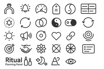 Minimalist ritual planning icons including symbols, UI, and nature motifs