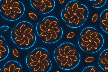 Fototapeta premium Seamless glowing floral pattern with orange petals and blue outlines