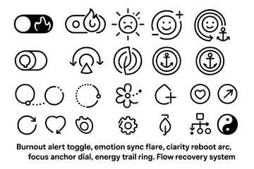 Minimal black line icons for wellness, emotion, and recovery systems