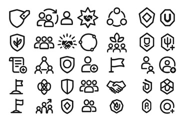 Fototapeta premium Set of black outline icons for teamwork, security, and communication