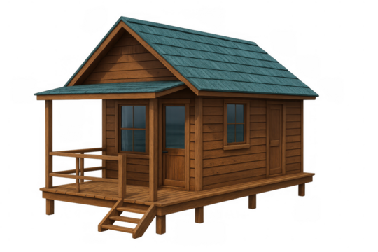 Charming wooden cabin featuring a porch, green roof, and transparent background, perfect for architectural visualizations or design projects