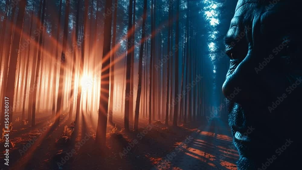 Poster enigmatic face emerging from a mystical forest with illuminated background and dramatic lighting eff