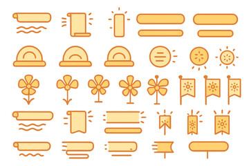 Warm orange UI icon set with floral, banner, and scroll motifs