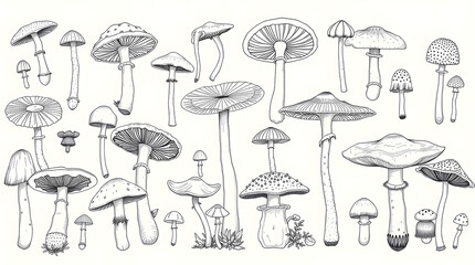 Detailed hand-drawn sketches of various mushroom species in black and white. Ideal for botanical illustrations, nature guides, and vintage decor.