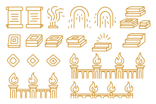 Bronze icon set with scrolls, flames, arches, and stacked elements