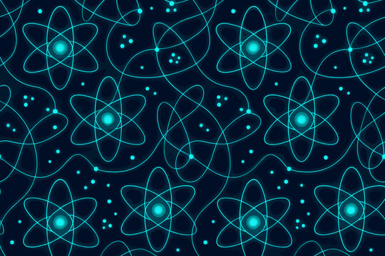 Seamless glowing atomic pattern with orbit lines and particles