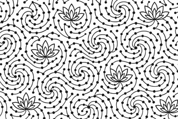 Seamless lotus flower pattern with swirling dotted spirals