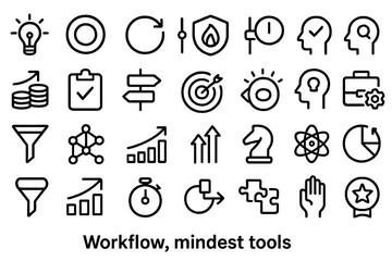 Minimalist black line icons representing workflow and mindset tools on dark background