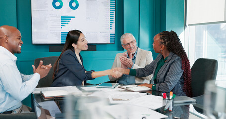 Applause, business people and shaking hands for investment, deal success or data partnership....