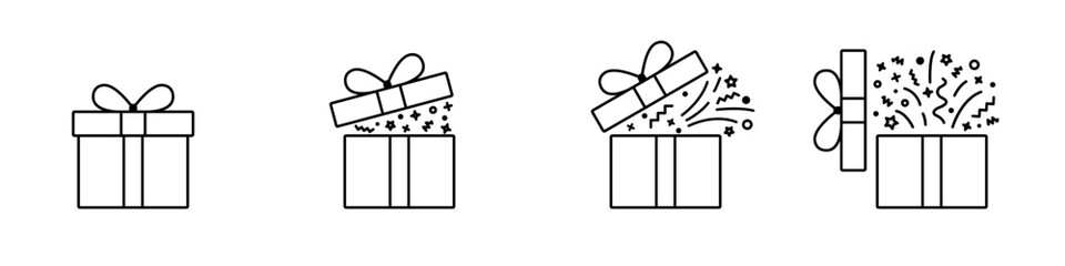 Linear icon set of animated gift boxes in progressive stages of opening with festive elements like sparkles and confetti. Vector illustration.