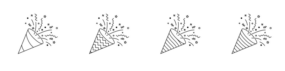 Confetti popper icon set. Festive collection of party popper icons with various fill patterns and exploding elements like stars, dots, and streamers. Vector illustration.