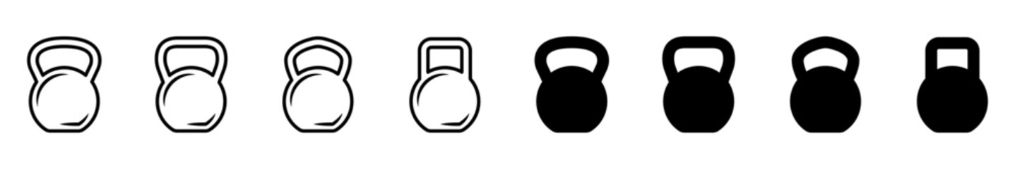 Kettlebell weight icon set. Kg bell logo. Kettlebell, dumbbell, heavy sign. Iron dumbbell symbol. Vector illustration.