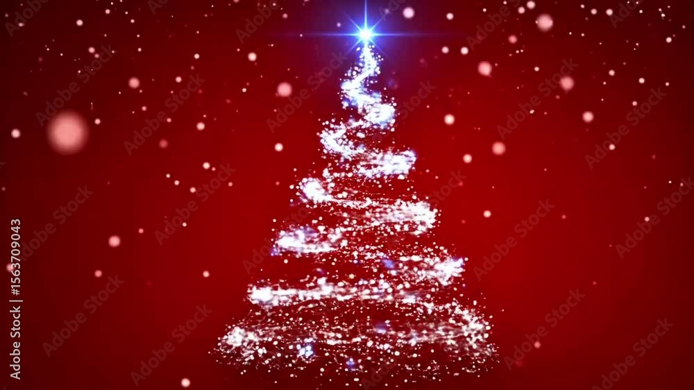 Poster sparkling christmas tree animation with snowfall on a red background for holidays