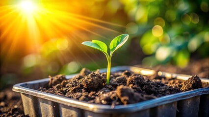 A small green seedling sprouts from rich dark soil in a pot, bathed in warm sunlight, symbolizing new growth and hope