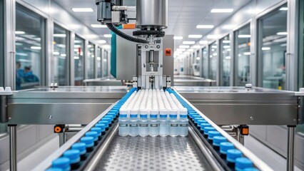 Naklejka premium Automation in a modern pharmaceutical production line with vials on a conveyor belt.