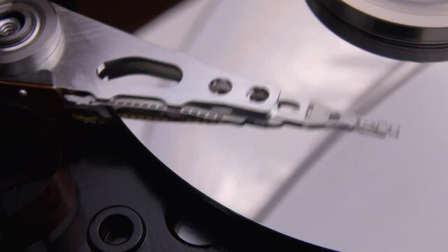 Close-up of the working process of a computer hard drive