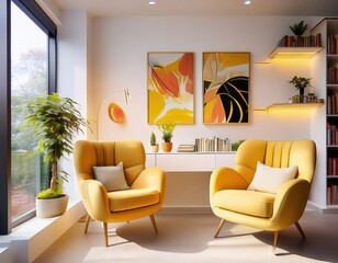 A cozy staff break room with armchairs, bookshelf, soft yellow lighting, wall-mounted plants, and abstract artwork
