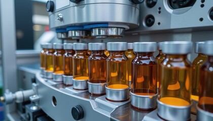 Bottles of amber liquid on a pharmaceutical production line in a modern facility.