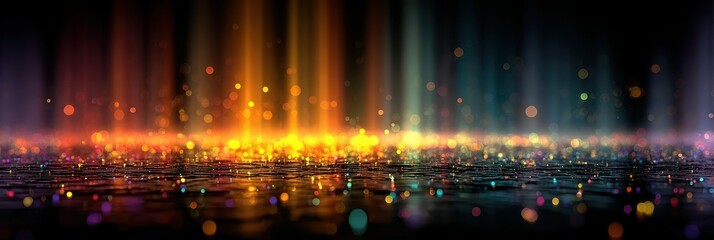 Naklejka premium Colorful light display over wet surface creating a vibrant atmosphere during nighttime