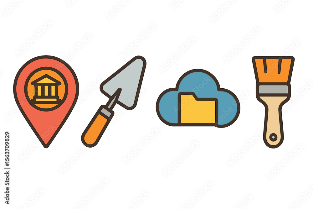 Poster creative design elements representing architecture, construction tools, and digital storage in a min