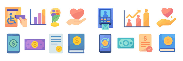 Colorful icons representing diverse activities related to finance, healthcare, and data analysis in a modern digital environment