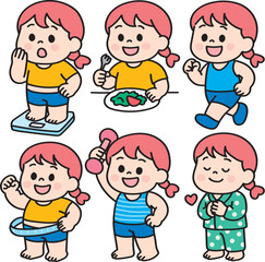 Healthy Lifestyle Child Character Set with Diet Exercise and Wellness